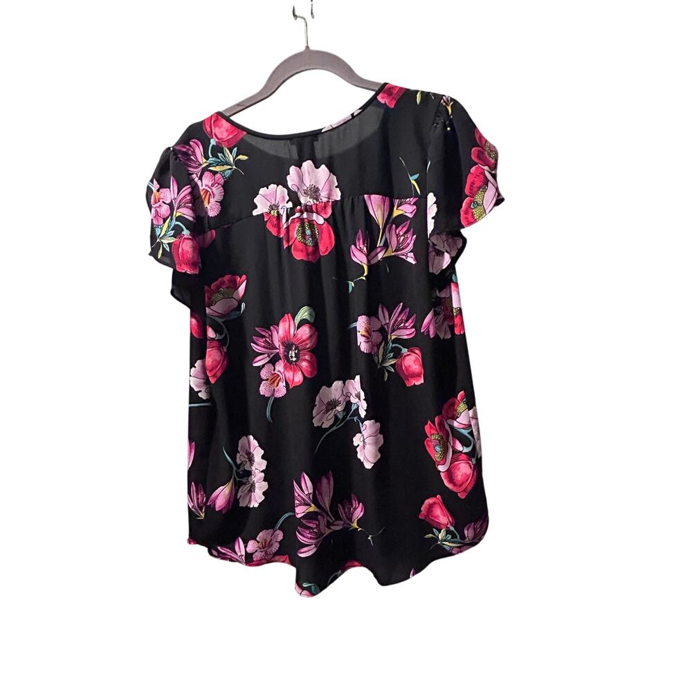 Ann Taylor Factory Floral Blouse Black Pink Short Sleeve Top Large - Picture 4 of 8